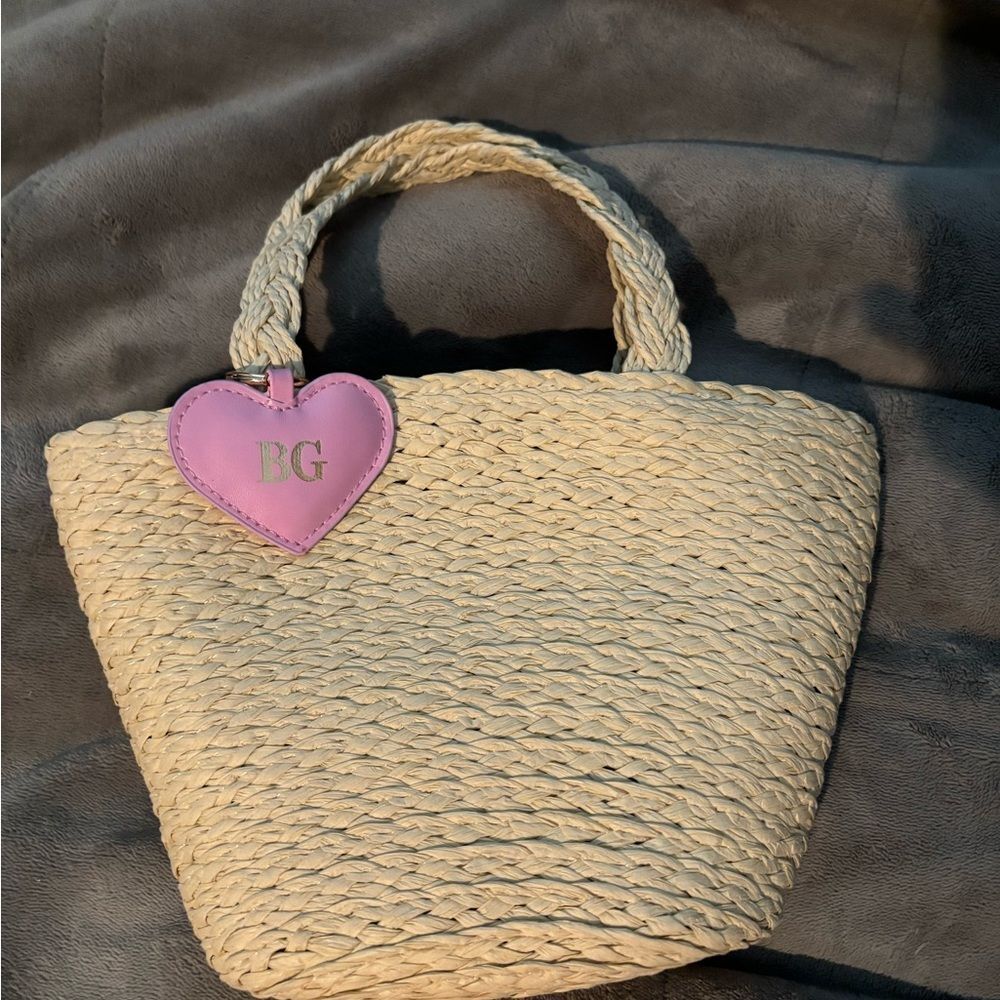 Bergdorf Goodman Beige Woven Tote Bag with Pink Heart Accent